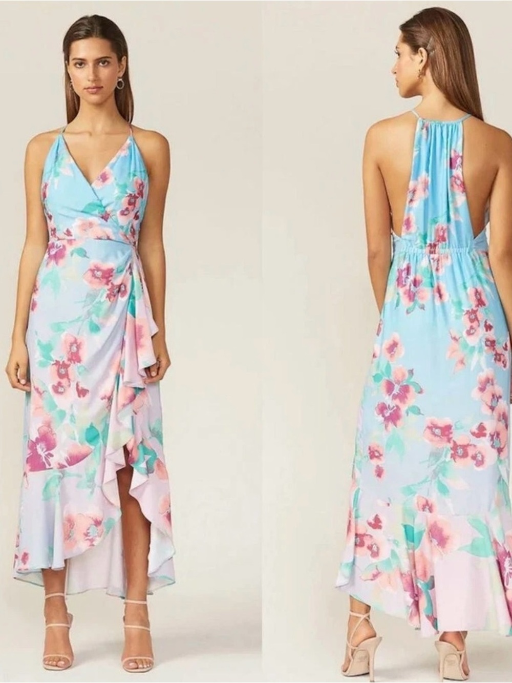 Adelyn Rae Light Blue Floral High-Low Wrap Maxi Dress small
